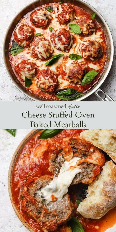 Cheese stuffed Baked Meatballs are a family favorite! Classic Italian meatballs are stuffed with cubes of fresh mozzarella, pan seared, and then baked in your favorite red sauce with lots of mozzarella cheese on top. These are delicious as an appetizer or the main meal. We particularly love them over creamy polenta or alongside pasta. These are loved by all! #wellseasonedstudio #meatballs #italianfood #mozzarellacheese Cheesy Oven Baked Meatballs 12 Tomatoes, Italian Stuffed Meatballs, Meatball Mozzarella Bake, Baked Mozzarella Stuffed Meatballs, Mozzarella Meatballs Baked, Meatball Stuffed Shells Recipe, Large Meatballs Baked, Stuffed Meatballs Recipe, Ricotta Stuffed Meatballs