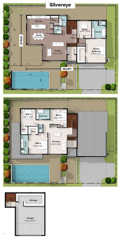 Silvereye, House Plans, Home Designs, Building Prices & Builders, Sloping Lot House Plans — Building Buddy Houses Built On Slopes, Slope House Design Architecture, Slope House Design Floor Plans, House Plan For Sloped Lot, Villa On Slope Plan, Colorful House Decor, Sloping Lot House Plan, Colorful House, Duplex Design