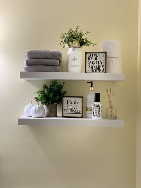 Washroom Shelf Ideas, Ikea Bathroom Shelves Over Toilet, Bathroom Shelf Decor Over Toilet Modern, Dual Sink Bathroom Decor, Floating Bathroom Shelves Over Toilet, Floating Shelves Over Toilet, Floating Shelf Bathroom, Bathroom Design Small Modern, Bathroom Shelves Over Toilet