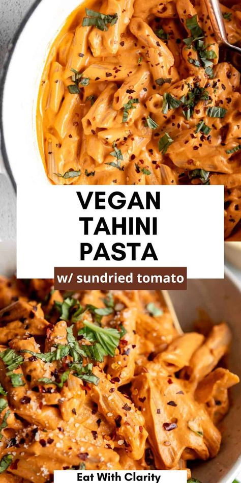 This sundried tomato and tahini pasta is creamy, vegan and ready in about 20 minutes. This healthy vegan pasta is dairy free, nut free, gluten free and perfect for a simple family favorite dinner. This creamy tahini pasta is loaded with protein and perfect for a vegan meal prep dinner. Pasta Meal Prep Vegetarian, Tahini Pasta Recipe, Whole Food Pasta Recipes, Vegan Marinara Pasta, One Pot Vegetarian Pasta, Vegan Sun Dried Tomato Recipes, Quick Vegan Pasta Recipes, Vegan Protein Dishes, Vegetarian Protein Pasta