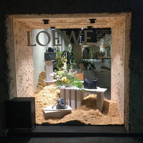 Loewe window display. Loewe Window Display, Luxury Box Design, Apothecary Decor, Plant Installation, Window Display Design, Acne Studio, Retail Inspiration, Store Layout, Showroom Interior Design