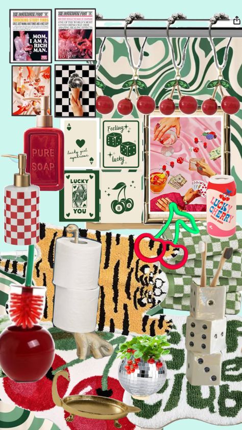 Dream cherry themed bathroom in a vegas bathroom Vegas Bathroom, Playful Bathroom, Retro Aesthetic Room, Bathroom Vibes, Funky Bathroom, Girls Apartment, Vintage Vegas, Pink Bathroom Decor, Themed Bathroom