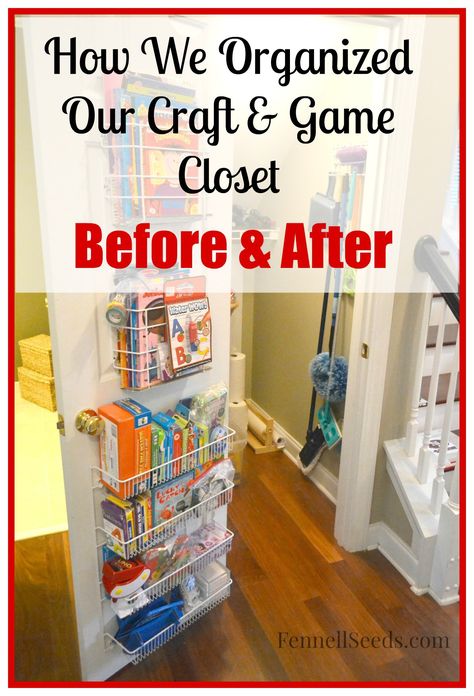 Craft Closet Organized - Before and After Photos - Fennell Seeds Toy Closet Organization, Hall Closet Organization, Organization Crafts, Game Closet, Small Coat Closet, Closet Revamp, Narrow Closet, Craft Closet Organization, Closet Organized