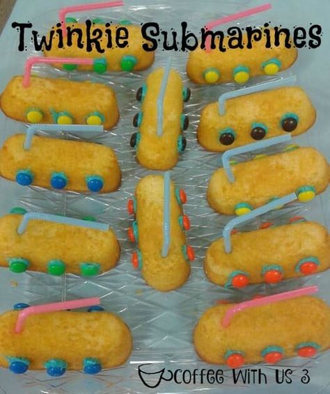 Twinkie submarines Submarine Party Ideas, Scuba Vbs Snack Ideas, Scuba Themed Snacks, Ocean Theme Snacks For Preschool, Under The Sea Themed Food Snacks, Under The Sea Snack Ideas, Scuba Vbs Snacks, Scuba Vbs 2024 Snacks, Scuba Snacks