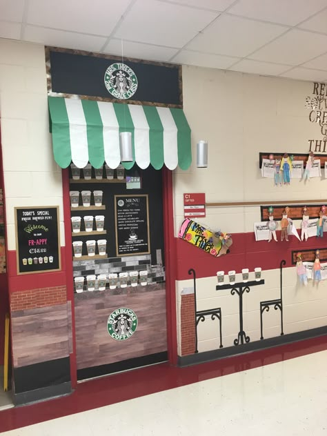 Starbucks school door ideas Hot Cocoa Stand Classroom Door, Coffee Door Decorations Classroom, Starbuck Mode Classroom, Starbucks Christmas Door Decoration, Coffee Door Decorations For School, Star Books Cafe Classroom, Bookstore Classroom Theme, Starbucks Classroom Door, Starbucks Bulletin Board Ideas