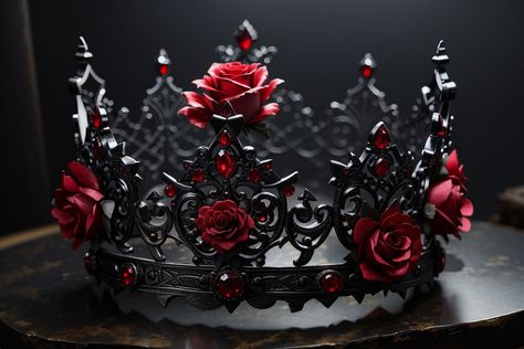 Black And Red Crown, Terror Twins, Black Red Wedding, Fantasy Crown, Vampire Aesthetic, Dragons Crown, Gothic Bracelet, Rose Crown, Red Crown