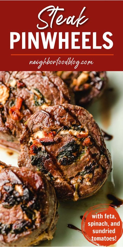 Steak Pinwheel stuffed with feta, sun dried tomatoes, and spinach with balsamic glaze. Slow Cooked Silverside, Beef Pinwheels, Flank Steak Pinwheels, Steak Pinwheels, Tomatoes And Feta, Brunch Aesthetic, Slow Cooker Recipes Beef, Gluten Free Main Dishes, Pinwheel Recipes