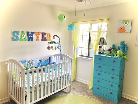 Monster Ink Nursery, Disney Themed Nursery Ideas, Monster Inc Nursery Theme, Monsters Inc Nursery Ideas, Pixar Themed Bedroom, Pixar Nursery Theme, Pixar Bedroom, Colorful Nursery Ideas, Monsters Inc Bedroom