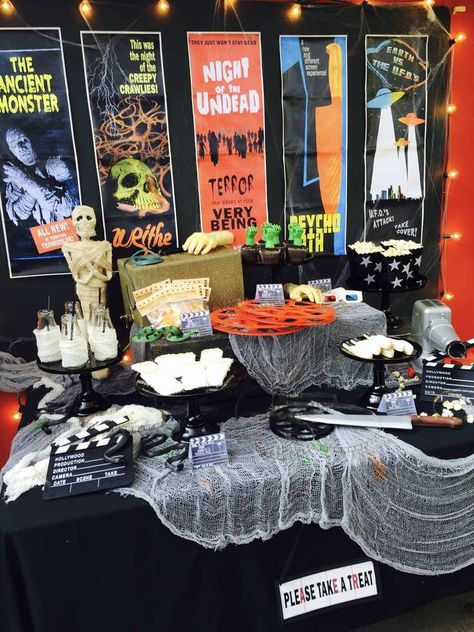 Dessert table at a vintage horror movie Halloween party! See more party planning ideas at CatchMyParty.com! Halloween Movie Night Party, Horror Themed Party, Movie Night Theme, Horror Movie Night, Movie Birthday Party, Halloween Movie Night, Movie Themed Party, Horror Party, Halloween Party Ideas