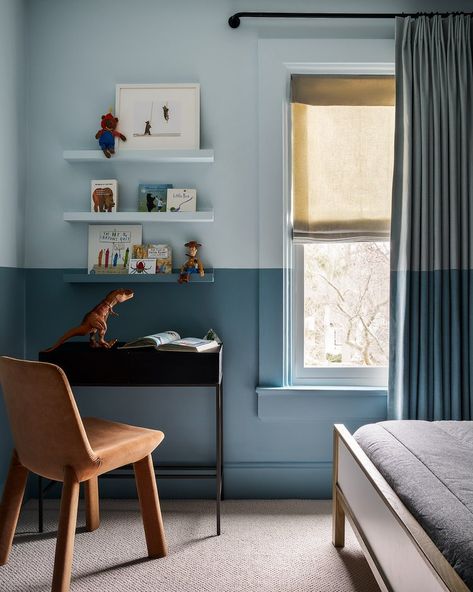 Glencoe Family Home — Anna Knight Interiors Wainscoting Boys Bedroom, Wall Moulding Boys Room, Wallpaper Ceiling Boys Room, Blue Boys Room Paint, Classic Boys Room Wallpaper, Ariel Bedroom, Blue Playroom, Boys Bedroom Modern, Accent Paint