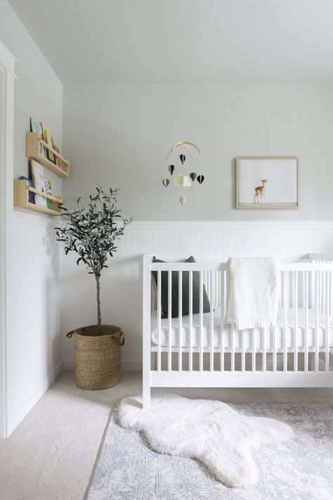 Natural Tone Nursery, Light Airy Nursery, Gender Neutral Nursery Gray Walls, Nursery Wall Color Neutral, Nursery Paint Colors Neutral, Neutral Nursery Colors Palette, Nursery Colors Neutral, Nursery Half Wall Panelling, Best Nursery Paint Colors