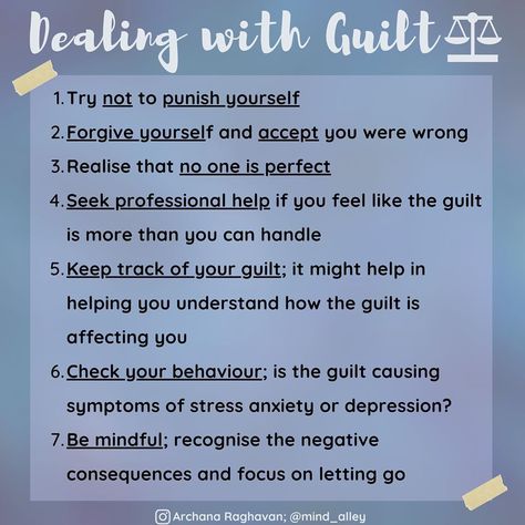 Archana | Clinical psychology on Instagram: “Today’s post is about working through guilt. In no way is guilt an easy feeling to carry. Guilt is the emotion we feel if we let…” Coping With Guilt, How To Deal With Guilt, Toxic Guilt, Overcoming Guilt, Guilt Quotes, Processing Emotions, Dealing With Guilt, Survivor Guilt, Counseling Tools