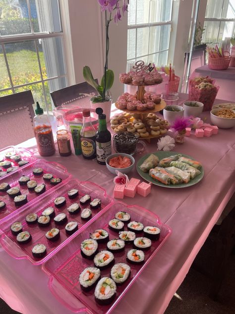 Bridal Shower Sushi Bar, Y2k Party Food Ideas, Sushi Bar Birthday Party, Sushi Bday Party, Sushi Baby Shower Theme, Boba Donut, Sushi Bar Party, Pink Birthday Party Food, Sushi Party Ideas