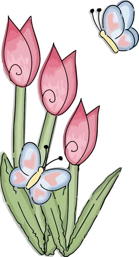 Tulip Clip Art, Butterflies Clipart, Butterfly On Flower, Flower Drawing Design, Pola Sulam, Trendy Flowers, Spring Tulips, Flower Doodles, Flower Clipart