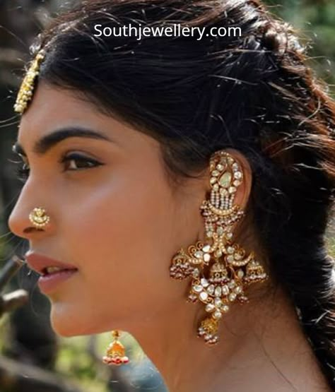 Long Ear Cuff, Diamond Earrings Indian, Indian Bridal Jewelry Sets, Indian Jewelry Earrings, Bridal Jewellery Design, Gold Necklace Indian Bridal Jewelry, Antique Jewelry Indian, Indian Temple, Indian Bridal Jewelry