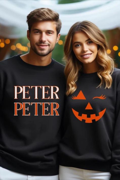 Get ready for a hilarious Halloween with our funny couple's shirts, featuring two unique designs sold separately. The first shirt, "PETER PETER," playfully nods to the classic pumpkin eater rhyme, adding a touch of humor to your Halloween festivities. The second shirt showcases a simple yet iconic pumpkin face, complete with winking eyes and long lashes, making it the perfect companion to the "PETER PETER" tee. His And Her Halloween Costumes, Peter Pumpkin Eater, Peter Peter Pumpkin Eater, Peter Pumpkin, Pumpkin Eater, Funny Couple Shirts, Halloween Festivities, Funny Couple, Pumpkin Face