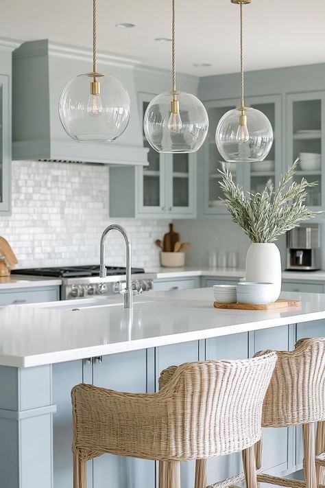 Coastal Beach Chandeliers, Kitchen Island Lighting Coastal, Pendant Over Peninsula, Coastal Kitchen Chandelier, Coastal Kitchen Island Decor, Coastal Modern Kitchen Beach Houses, Coastal Neutral Kitchen, Modern Coastal Dining Room Lighting, Coastal Pendant Lighting Kitchen Island