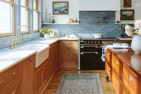 Styling Oak Cabinets, Blue Kitchen Oak Cabinets, Blue Kitchen With Oak Cabinets, Honey Oak Kitchen Backsplash, Brown Cabinets Blue Backsplash, Blue Tile Backsplash Kitchen Oak Cabinets, Redo Honey Oak Kitchen Cabinets, 90s Kitchen Update Oak Cabinets, Traditional Eclectic Kitchen