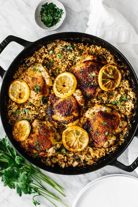 Best Chicken and Rice (One Pan) - Downshiftology Best Easy Dinner Recipes, Mediterranean Diet Recipes Dinners, Easy Chicken And Rice, Healthy Chicken Recipes Easy, Easy Mediterranean Diet Recipes, One Pan Chicken, Pan Chicken, Best Chicken, Chicken And Rice