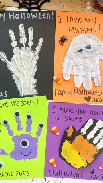 Halloween Crafts With Handprints, Handprint Craft Halloween, Kids October Activities, Toddler Arts And Crafts Halloween, Spooky Handprint Art, Halloween Cards Preschool, Halloween Art Ideas For Toddlers, Infant Halloween Crafts Ideas, Friday The 13th Crafts For Toddlers