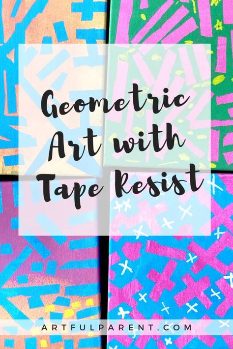 Geometric Art Projects, Tape Art For Kids, Kids Collaborative Art Project, Tape Resist Art For Kids, Typography Art Lesson Elementary, School Wide Collaborative Art, Collaborative Art Projects For Kids, Special Needs Art, Kids Canvas Painting