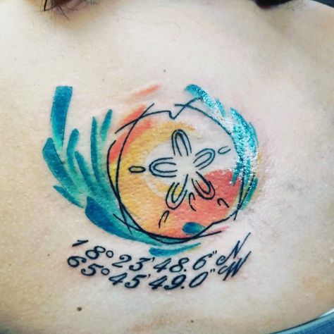 Ocean, waves , sun, sand and sand dollar. All the best things about that place . Ocean Wave Tattoo With Name, Beach Tattoo Thigh, Happy Place Tattoo, Sand Dollar Tattoo, Place Tattoo, Dollar Tattoo, Hook Tattoos, Hawaii Tattoos, Ocean Tattoo