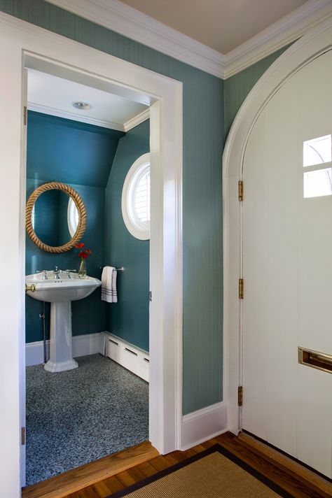 powder bath | Kelly Rogers of Interiors for Families Half Bath Paint Colors, Peacock Paint Colors, Peacock Blue Paint, Peacock Bathroom, Sherwin Williams Blue, Traditional Bathroom Decor, Traditional Home Magazine, Bath Paint, Traditional Bathroom Designs