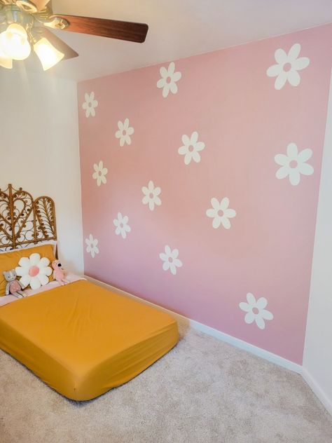 Glow innthe dark flower wallpaper cricut explorer 2 toddler girl room retro groovy orange pink yellow dusty yellow Yellow And Pink Walls, Flower Power Room Decor, Flower Playroom, Pink And Yellow Girls Room, Teal Girls Room Ideas, Groovy Kids Room, Groovy Girls Room, Toddler Girl Bedroom Paint Ideas, Yellow Toddler Room Girl