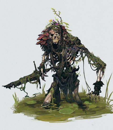 Undead Concept Art, Spore Druid Aesthetic, Botanist Character Design, Swamp Character, Swamp Concept Art, Swamp Druid, Spore Druid, Tree Creature, Forest Monster