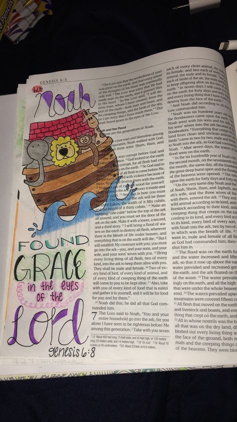 Genesis 6:8 - Noah and the Flood #biblejournaling #bible #journaling #genesis #noah #flood #noahandtheflood Genesis 6 Bible Study, Noah Bible Journaling, Genesis 6 Bible Journaling, Bible Journal Genesis, Genesis Bible Journaling, Bible Journaling Genesis, Noah And The Flood, Doodle Bible, Noah's Ark Bible