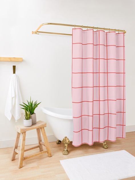 Pink And Red Shower Curtain, Pink And Red Bathroom Decor, Shower Curtain Cute, Pink Red Bathroom, Bathroom Pop Of Color, Red And Pink Bathroom, Small Bathroom Shower Curtain Ideas, Pink And Red Bathroom, Pink Aesthetic Bathroom