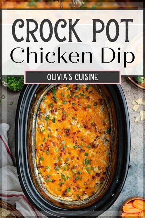 This Slow Cooker Ranch Chicken Dip is the perfect crock pot dip or appetizer! Creamy, cheesy, and filled with delicious ranch flavor and chunks of tender chicken. Whether you're looking for an appetizer for the holidays, Superbowl, or just a regular party, this easy dip recipe is sure to be a hit. Cheesy Chicken Dip Crockpot, Chicken Appetizers Crockpot, Crock Pot Dips And Appetizers, Dip With Chicken, Chicken Dip Crockpot Recipes, Crockpot Chicken Dip Recipes, Chicken Dips Recipes Crockpot, Chicken Dip Recipe Crockpot, Dips With Chicken