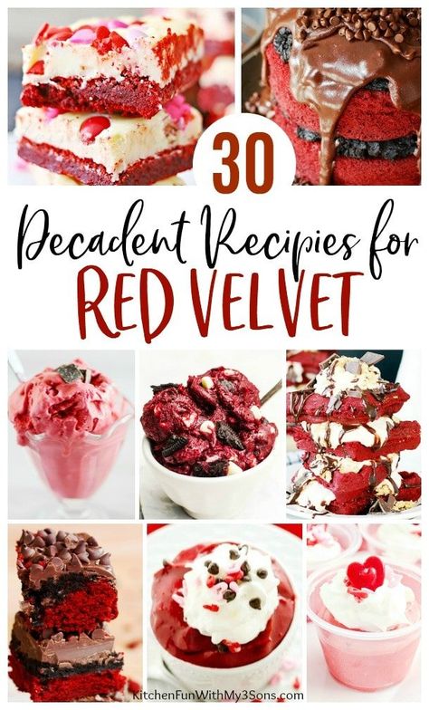 30 of the BEST Red Velvet Desserts Valentines Red Velvet Cake, Red Velvet Pudding, Red Velvet Cake Roll, Red Velvet Fudge, Velvet Recipes, Velvet Desserts, Red Velvet Cheesecake Cake, Red Velvet Waffles, Red Velvet Desserts