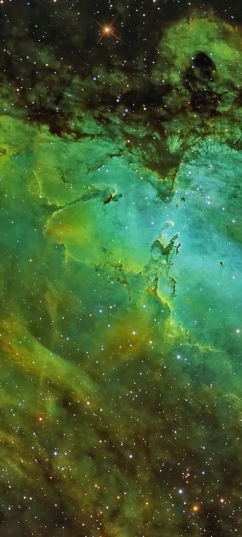 M-16 the Eagle Nebula Pillars of Creation & Fairy Nebula in SHO palette by: Thomas ArtOfPix cropped mobile wallpaper 1080x2400 Green Nebula, Pillars Of Creation, Eagle Nebula, Photo Light, M 16, The Eagle, Crescent City, Telescopes, Wallpapers Backgrounds