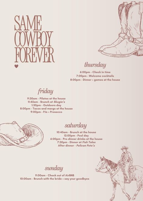 same cowboy forever, western bachelorette, jackson hole bachelorette, same cowboy forever theme, country bachelorette theme, bride's last ride, canva invite template, invitation template, custom template, cowgirl bachelorette, colorado bachelorette, wyoming bachelorette, bachelorette itinerary, bachelorette itinerary template Park City Bachelorette Party Summer, Equestrian Bridal Shower Ideas, Bridesmaid Gift Ideas Bachelorette, Cowgirl Bach Theme, Western Bach Party, Same Cowboy Forever Bachelorette Party, My Last Rodeo Bachelorette, Bachelorette Western Theme, Vintage Western Party