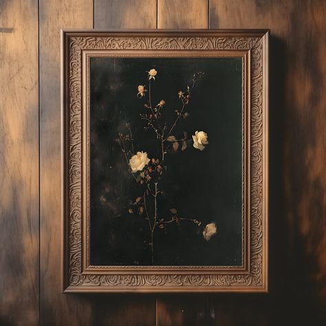 "Moody Flower Painting | Vintage Floral Wall Art | Dark Academia Print | Rustic Wall Art | Gallery Wall | Moody Botanical Oil Painting ---------------------------- Transform your space into a captivating and enchanting oasis with our Moody Floral Oil Painting Print. This printable wall art features a stunning vintage oil painting, showcasing dark academia vibes and a touch of mystique. The dark floral and moody flower painting evokes a sense of elegance and sophistication, perfect for adding dep Moody Bathroom Art, Moody Floral Painting, Dark Flower Painting, Moody Paintings, Dark Moody Art, Dark Academia Painting, Vintage Floral Painting, Fall Canvas Art, Moody Botanical