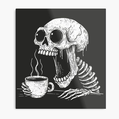 Get my art printed on awesome products. Support me at Redbubble #RBandME: https://www.redbubble.com/i/metal-print/Coffee-Addict-Skeleton-by-CreepyCornerArt/159262956.0JXQP?asc=u Skeleton Art Drawing, Skeletons Funny, Skeleton With Coffee, Occipital Bone, Skeleton Coffee, Hood Design, Skeleton Illustration, Skeleton Art, Tshirt Crafts