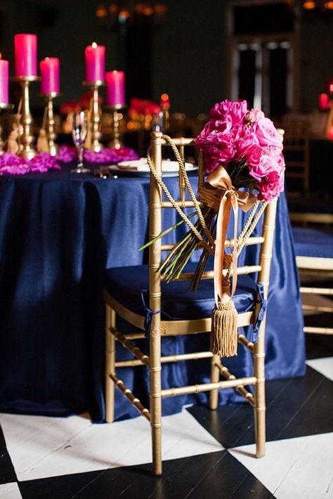 Different Ways To Use Tassels At Your Wedding To Add A Pop Of Colour! | WedMeGood Royal Blue And Hot Pink Wedding Theme, Gold Reception, Event Decorating, Hot Pink Weddings, Blue Tablecloth, Hot Pink Flowers, Jewel Wedding, Navy Blue Wedding, Theme Color