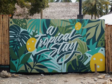 “A Tropical Stay” Mural on Behance Tropical Mural Art, Tropical Graffiti Art, Tropical Flower Mural, Tropical Wall Murals Painted, Tropical Illustration Graphics, Tropical Mural Painting, Mural Art Tropical, Mural Art Ideas Inspiration, Bar Murals