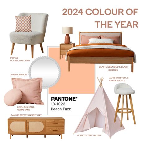 Embrace the warmth of the Pantone Colour of the Year: Peach Fuzz! Step into 2024 with a fresh palette by incorporating this soft peach tone into your home. Whether through a feature wall or DIY projects, infuse the subtle warmth of peach for a cozy ambience. These choices harmonise with the peach palette and also bring natural warmth to your space. #mocka #pantone #moodboard #ny2024 #trending #colour #funiture #inspo #interiordesignideas #designer #style #deco #furnituredesign #interiordesign Mood Board Living Room, Peach Decor, Blue Furniture, Peach Fuzz, Dream Living, Room Accessories, Home Trends, Chic Home Decor, Interior Trend