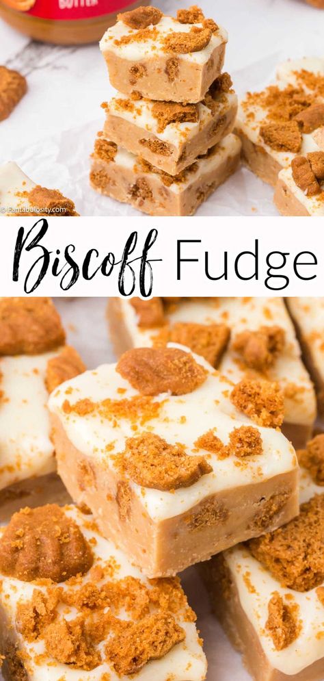 2 image collage of Biscoff fudge pieces stacked on top of one another Biscoff Fudge Recipe, Cookie Butter Fudge, Fudge White Chocolate, Biscoff Fudge, No Bake Fudge, Biscoff Recipes, White Chocolate Fudge, Biscoff Cookie Butter, Fudge Cookies