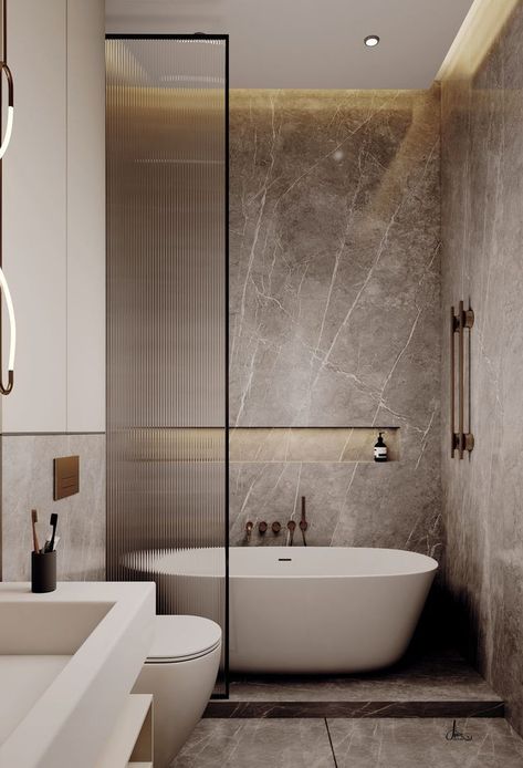 Modern Classic Bathroom, Grey Marble Bathroom, Toilet Design Modern, Ensuite Design, Bathrooms Luxury, Bathtub Design, Classic Bathroom, Bathroom Design Decor, Toilet Design