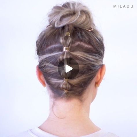 Milabu Hairstyles on Instagram: "Obsessed with this upside-down bejeweled bubble ponytail with a messy top knot. This hairstyle updo is amazing for shorter hair 🙌🏻 Braid clips from amazon  Gold top knot clips from @quirkysues on Etsy  Credit: ------------------------------- Song: Sven Schwarz - Forward (Mario Ayuda & Blaikz Edit)  @concordiarecordings  https://youtu.be/hxW3hD-gqUQ -------------------------------- #milabu #milabushorthair #milabuhairstyles #hairtutorial #hairvideo #hairbrained #braids #shorthair #shorthairstyles #topknot #hairstyling" Milabu Hairstyles, Messy Top Knot, Hair Clips For Braids, Messy Top Knots, Hairstyle Updo, Bubble Braid, Braid Clips, Bubble Ponytail, Shorter Hair