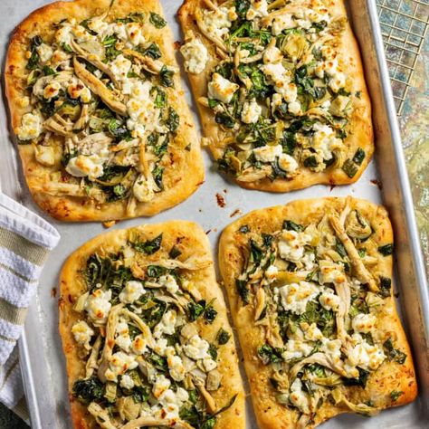 Goat Cheese Flatbread, Spinach And Goat Cheese, Goats Cheese Flatbread, Marinated Artichokes, Chicken Artichoke, Savory Tarts, Chicken Flatbread, Homemade Flatbread, Cheese Flatbread