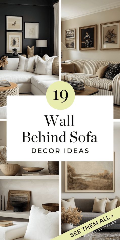 Unsure of how to decorate the wall behind a sofa? Wonder no more! Check out these inspiring images of living rooms that decorate the wall behind a sofa with style. DIY wall art ideas, thrifted art ideas, and more. The wall behind a sofa should never be blank - here's exactly how to decorate it to fit your aesthetic. Wall Art Large Wall, What To Do With Space Behind Couch, Sofa Behind Wall Decor, Couches Against Walls, Console Between Wall And Sofa, Picture Wall Ideas Behind Sofa, How To Fill A Blank Wall Living Rooms, Couch Against Wall Decor, Family Room Large Wall Decor