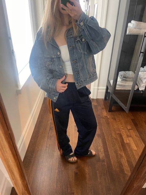 Levi denim jacket Aritzia white tube top Adidas track pants Birkenstocks Jacket Aritzia, Levi Denim Jacket, White Tube Top, White Tube, Adidas Track Pants, Adidas Track, Levis Denim, Tube Top, Track Pants