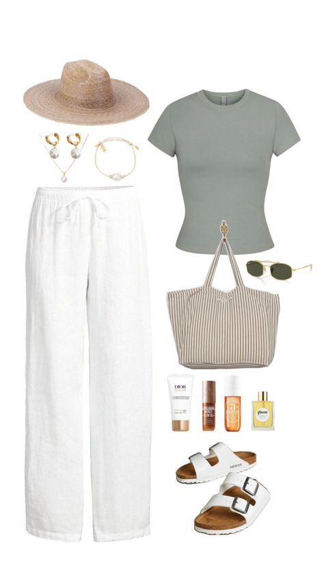 Summer outfit idea, fashion inspiration, white linen pants, white birkenstocks, sunglasses, skims dupe, hat, pearls jewells #ad #sponsored #affiliate Pants - https://amzn.to/3JDpGyM T-shirt - https://amzn.to/4be37MJ Shoes - https://amzn.to/3WiKdjQ Hat - https://amzn.to/49R8mAR Bag - https://amzn.to/3UkV1eq Accessories - https://amzn.to/3Uc13Ou https://amzn.to/4bf1nmo https://amzn.to/3xWyAVz https://amzn.to/3JCvw3l https://amzn.to/4b4q8Sm Pants With Birkenstocks, Summer Wide Leg Pants Outfit, White Cotton Pants Outfit, Linen Pants Summer Outfit, What To Wear With Wide Leg Linen Pants, White Wide-leg Pants For Beach Season, White Linen Trousers Outfit, White Linen Pants Outfit Summer, Wide-leg Linen Pants For Beach Season