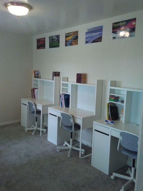 Home school desk space  IKEA desks and chairs Ikea School Desk, Ikea School Table Desk Ideas, Homeschool Desk For Two, Home School Desk Ideas, Homeschool Desk Ideas Work Stations, Study Space Ideas In Bedroom, Kid Study Room, Space Saving Study Table, Space Ideas For Kids