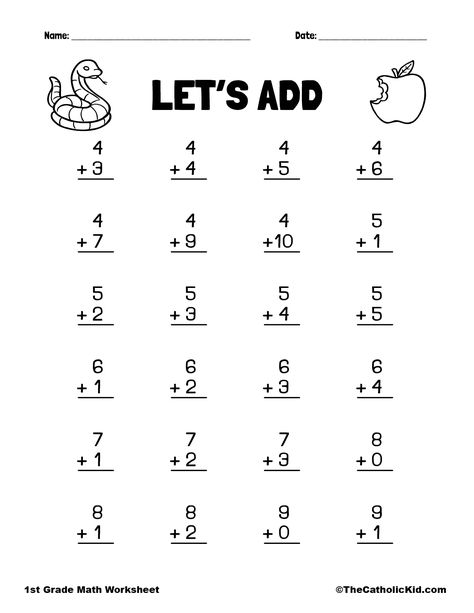 Let's Add - 1st Grade Addition Catholic Worksheet - TheCatholicKid.com 1st Grade School Work, First Grade Worksheets Free Printables, Homework For Kids, Grade 1 Maths, 1st Grade Worksheets Free Printables, Summer School Worksheets, Grade 1 Worksheets, 1st Grade Homework, 1st Grade Addition