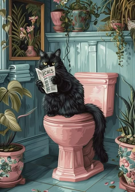 Pink Toilet, Cat Reading, Black Cat Art, Painting Accessories, Retro Wall Decor, Hur Man Målar, Cadeau Photo, Cat Posters, Pics Art